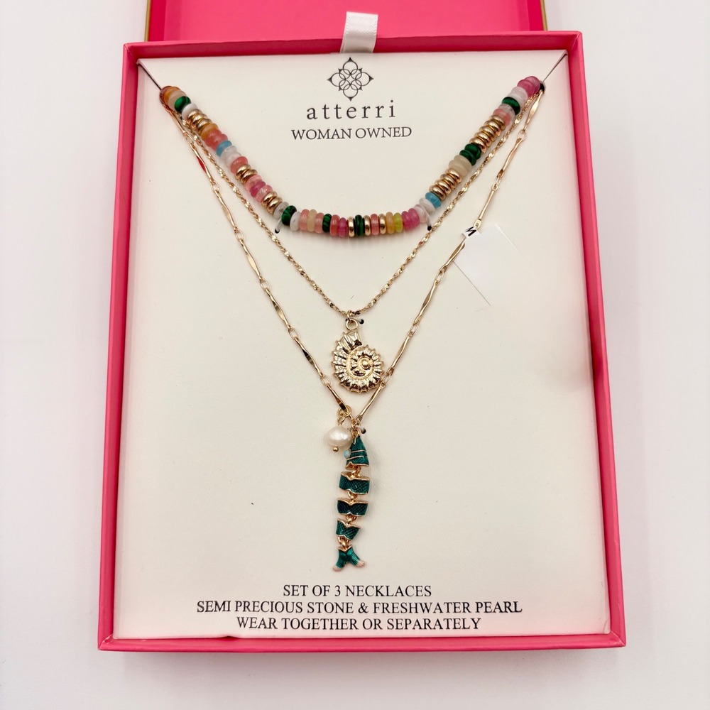 Atterri Set of 3 Layered Necklaces Semi Precious Stone Pearl Shell Fish Gold